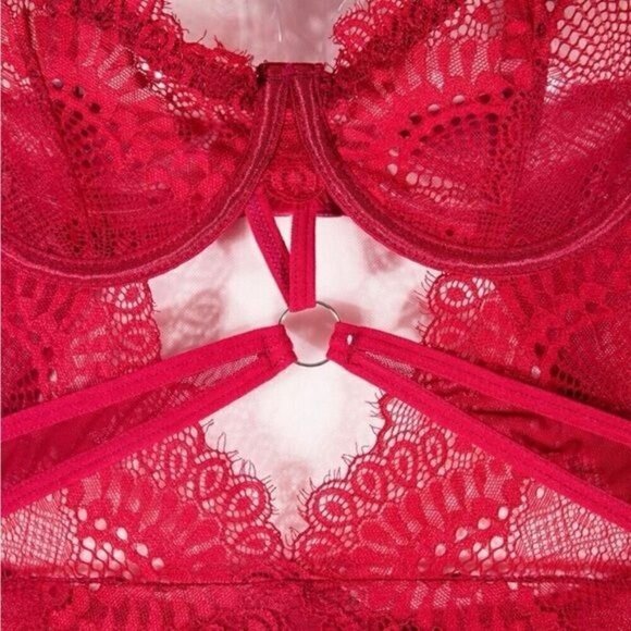 Burgundy Lace Patchwork Bodysuit Lingerie - Picture 4 of 5